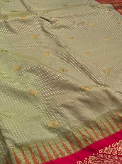 Timeless Grace Premium Semi Gadwal Saree – Olive Green & Red