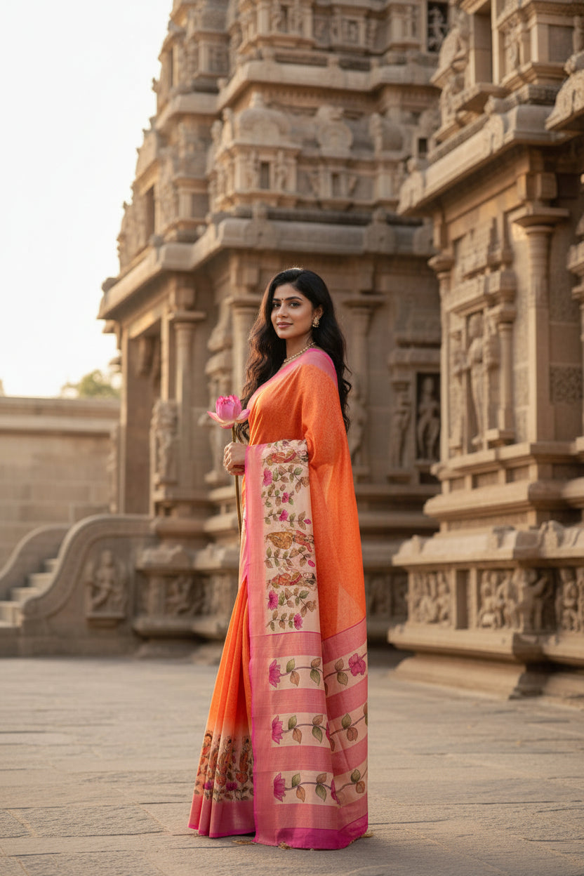 Woman in an orange and pink saree standing in front of a temple.