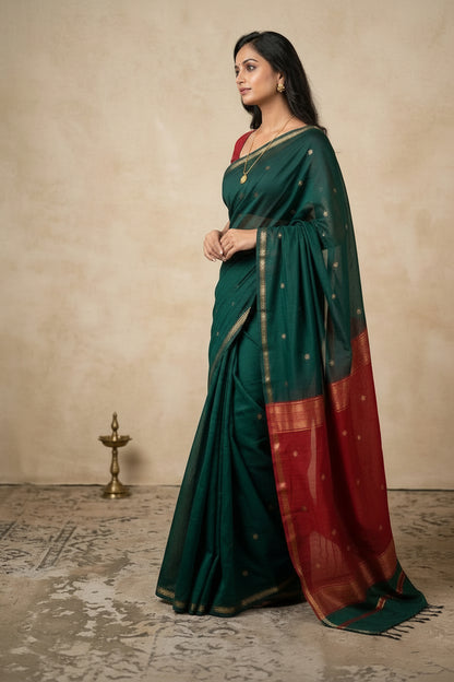 Woman wearing a green and red saree against a beige background
