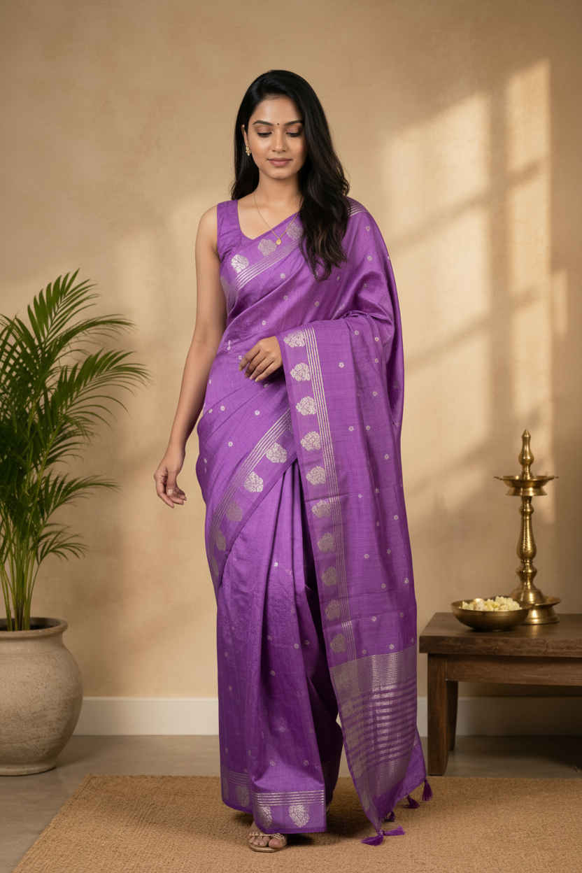 Woman in a purple saree standing in a room with a plant and a table in the background.