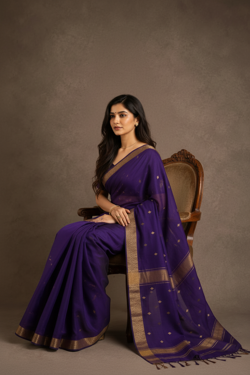 Woman wearing a purple saree with a brown border against a gray background