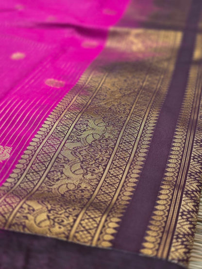 Timeless Rani Pink Premium Semi Gadwal Saree with Dark Brown Contrast