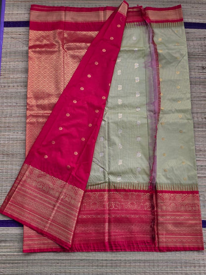 Traditional Contrast Semi Gadwal Saree – Olive Green with Red Border
