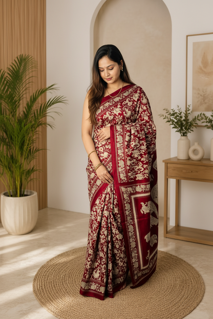A woman modeling a deep red saree with intricate beige and gold floral patterns, standing in a warm, modern interior setting with a potted plant and wooden furniture.