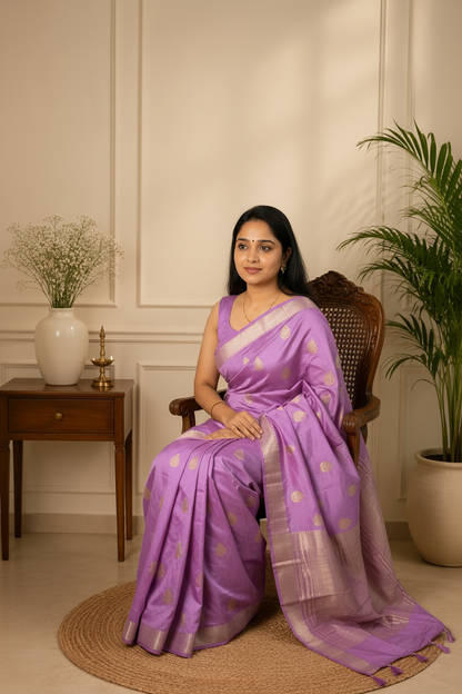 Woman in a purple saree sitting on a chair in a well-lit room with plants and decor.