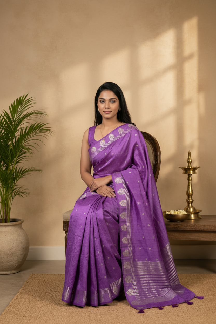 Woman in a purple saree sitting indoors with a plant and decorative items in the background