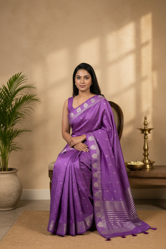 Woman in a purple saree sitting indoors with a plant and decorative items in the background