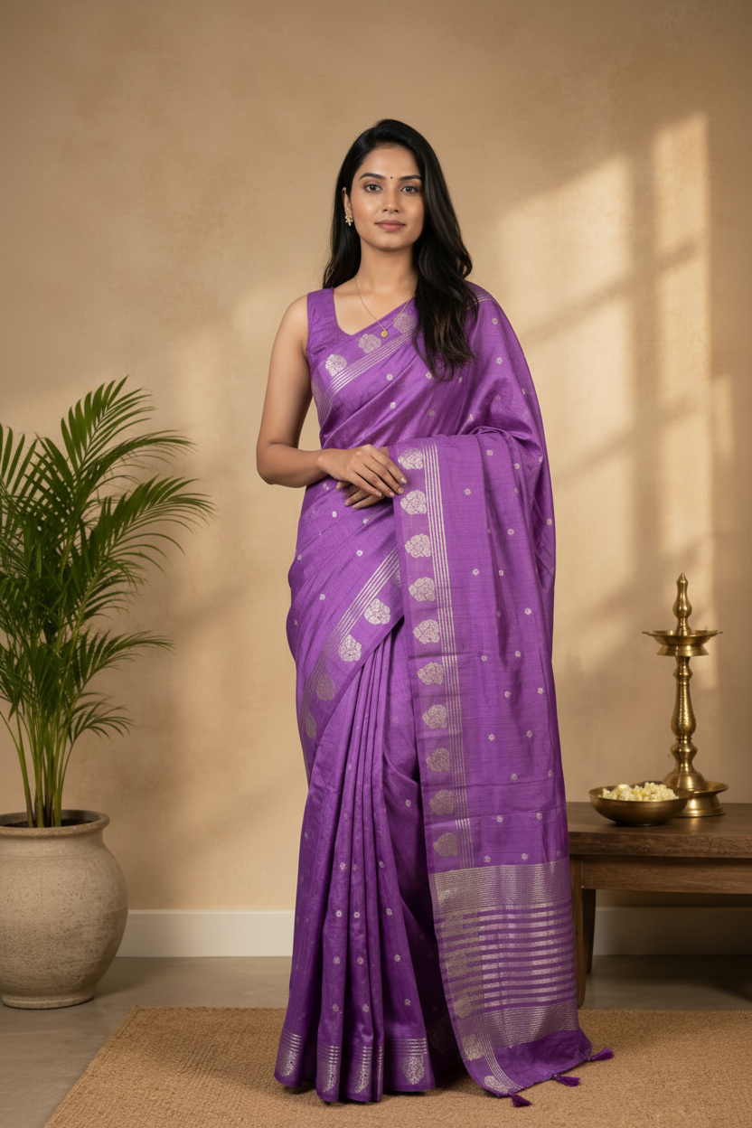 Woman wearing a purple saree with a subtle pattern in a room with a plant and a small table.