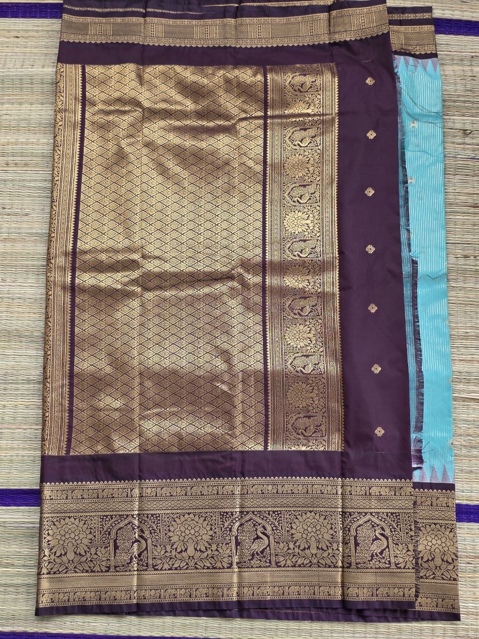 Traditional Sea Green & Chocolate Brown Semi Gadwal Saree