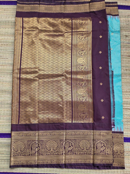 Traditional Sea Green & Chocolate Brown Semi Gadwal Saree