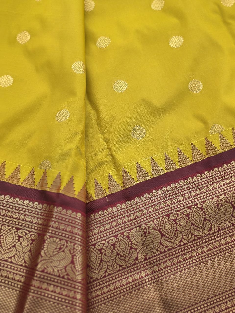 Traditional Turmeric Yellow Semi Gadwal Saree with Maroon Pallu