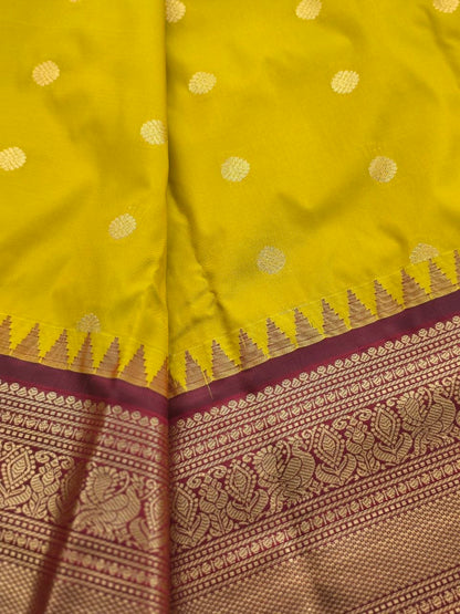 Traditional Turmeric Yellow Semi Gadwal Saree with Maroon Pallu