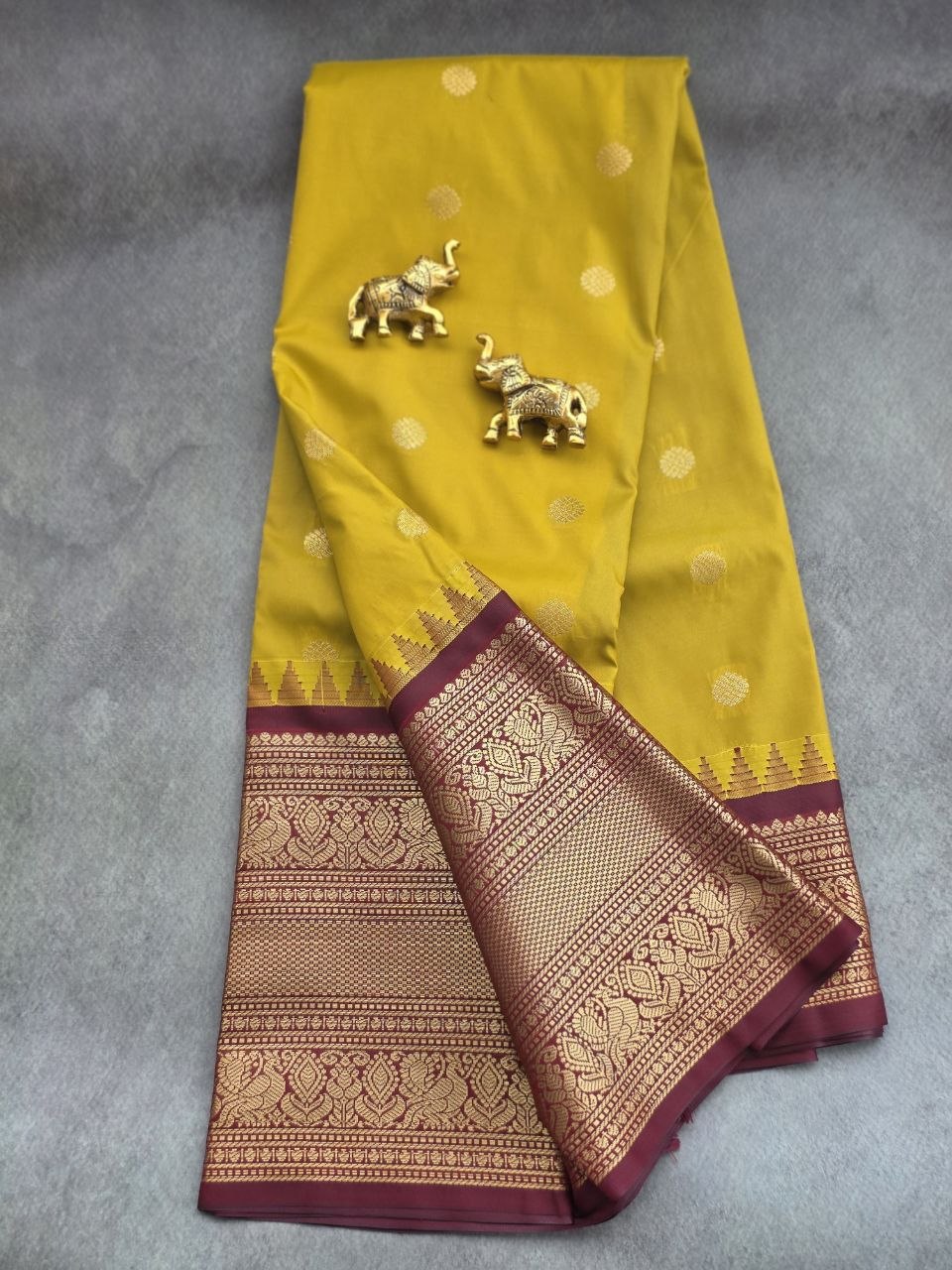 Turmeric Yellow Semi Gadwal Saree with Rich Maroon Contrast