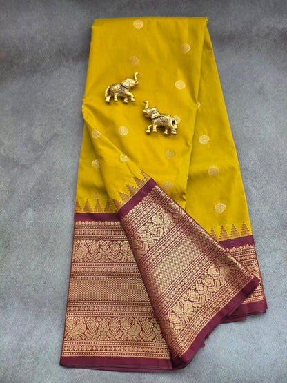 Turmeric Yellow Semi Gadwal Saree with Rich Maroon Contrast