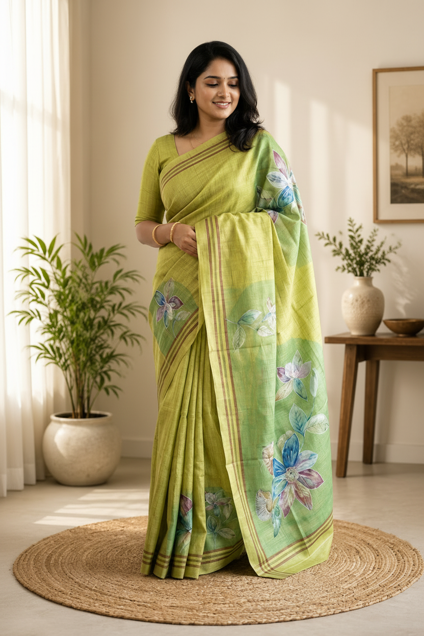 Woman wearing a green saree with floral patterns in a well-lit room.