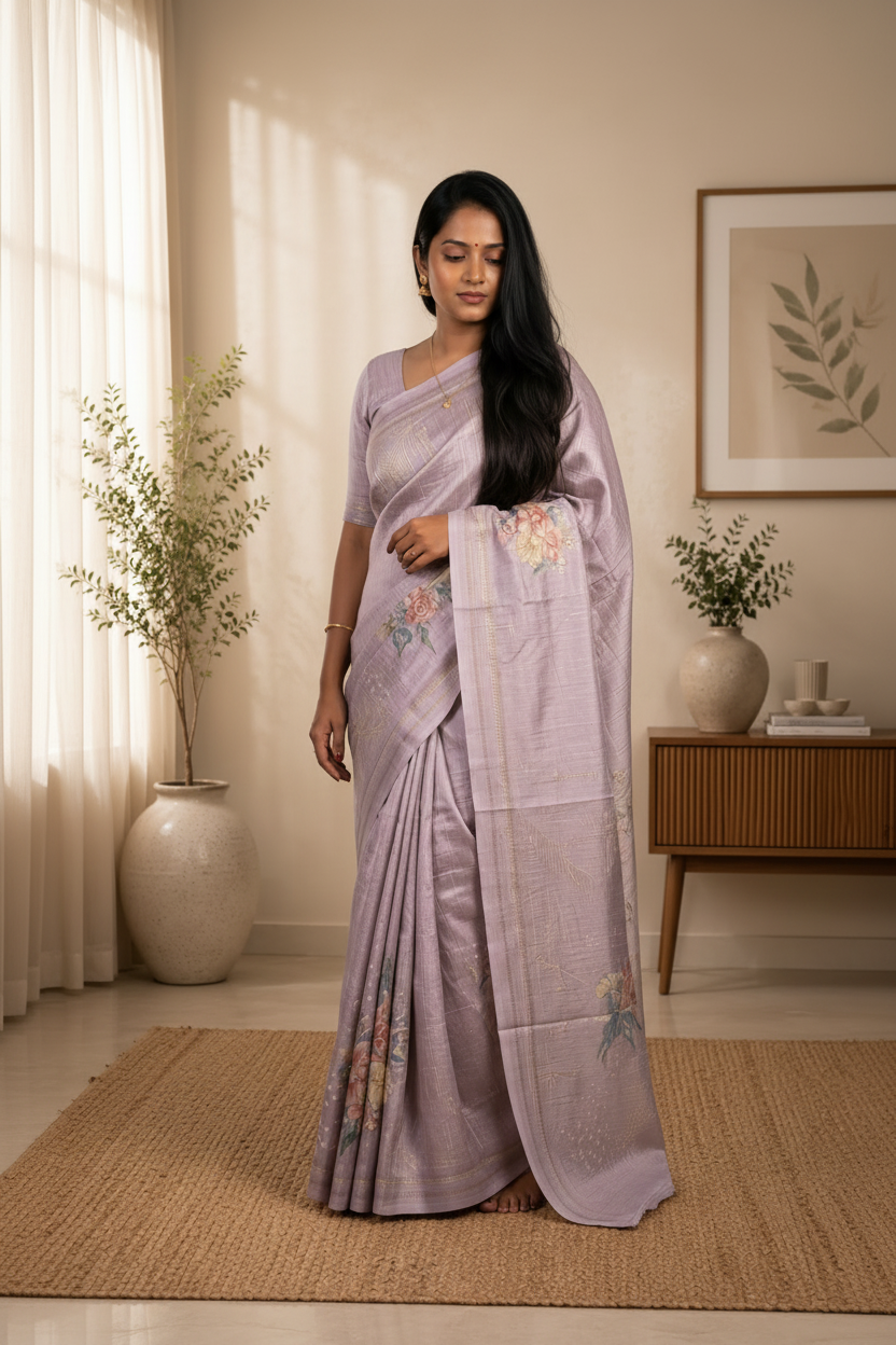 Woman in a lavender saree with floral patterns standing in a well-lit room.