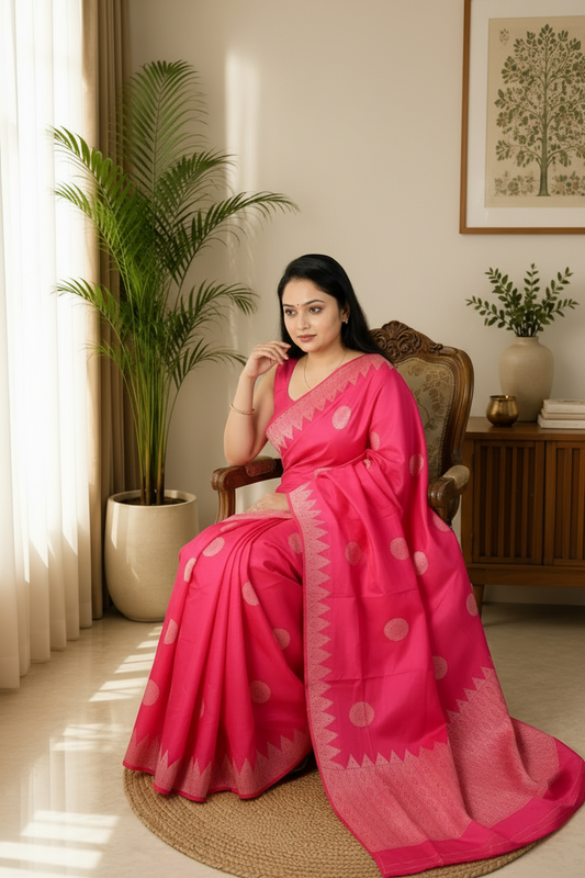 Woman in a bright pink saree sitting on a chair in a well-lit room with plants and decor.