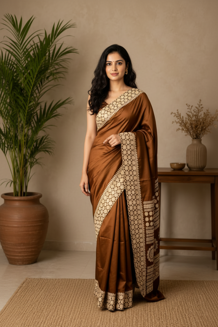 Woman in a brown saree with gold patterns standing in a room with a plant and table.