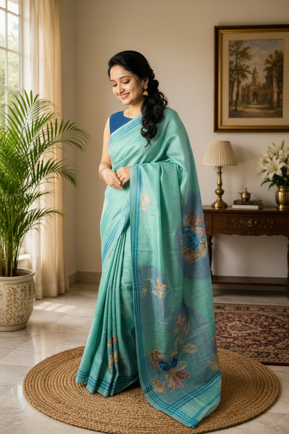 Woman in a light blue saree with floral patterns standing in a well-decorated room.