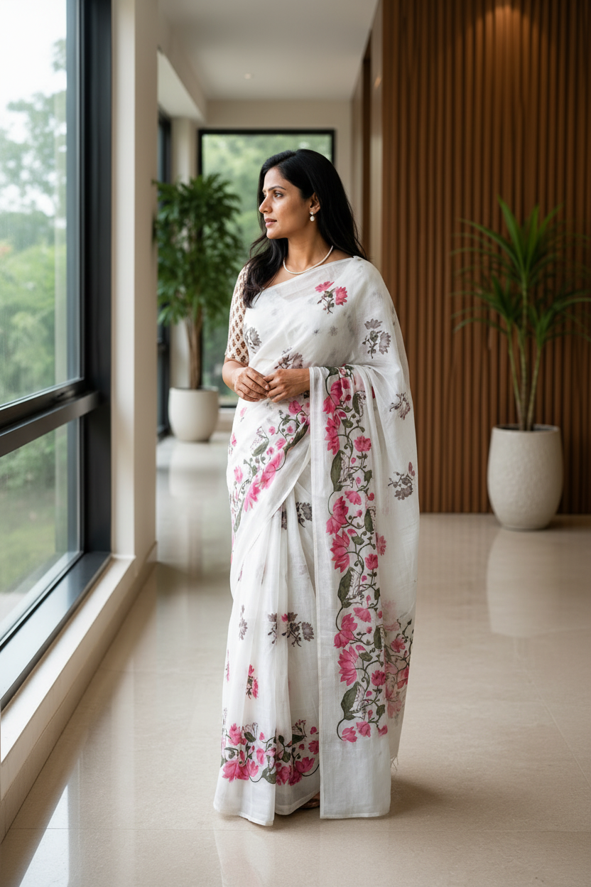 Woman wearing a white saree with floral patterns in a modern indoor setting