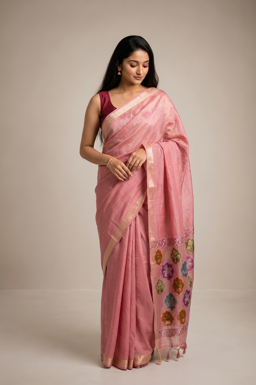 Woman wearing a pink saree with a floral border on a beige background