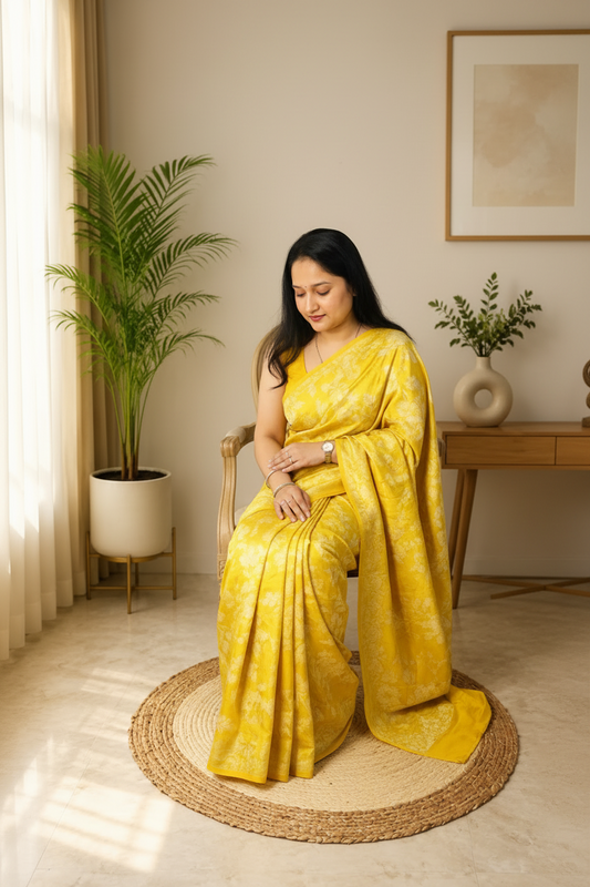 Woman in a yellow saree sitting on a woven mat in a well-lit room with plants and a desk.