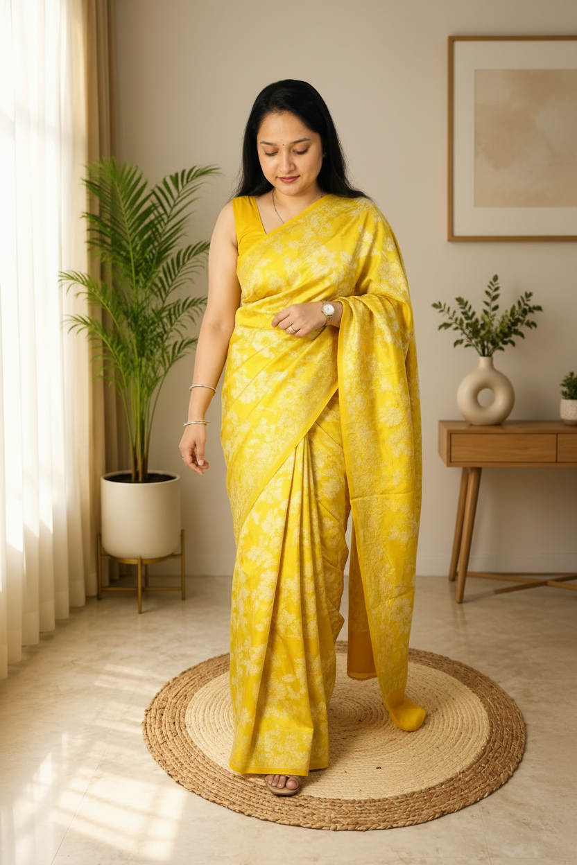 Woman in a yellow saree standing in a room with a plant and a side table.