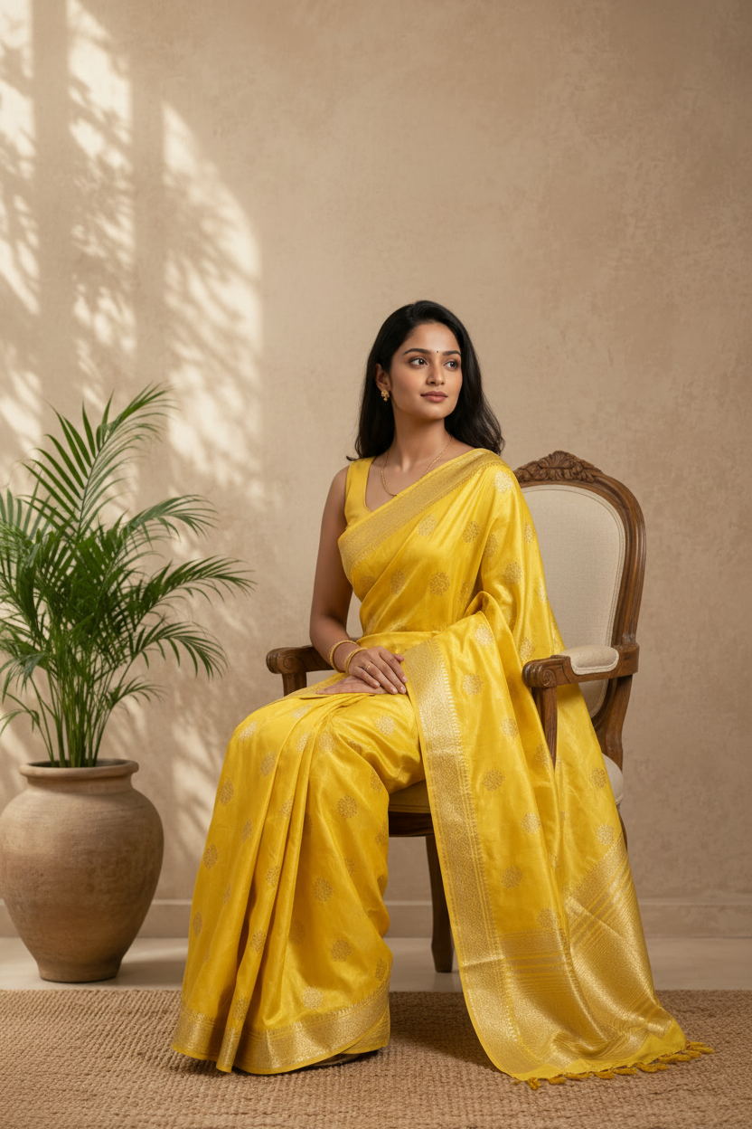 Woman in a yellow saree sitting on a chair with a plant in the background