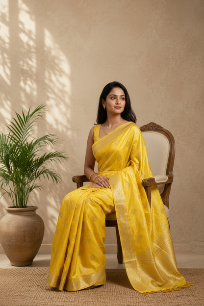 Woman in a yellow saree sitting on a chair with a plant in the background