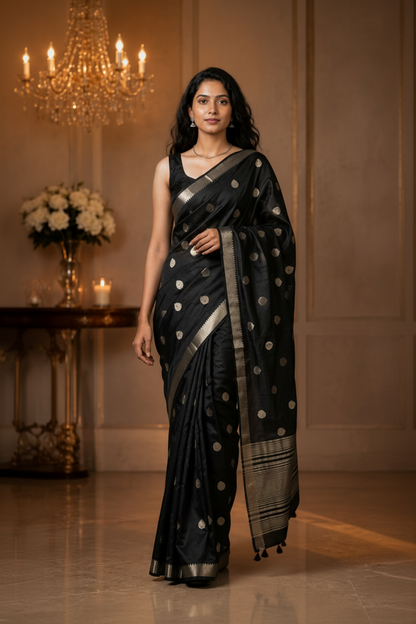 Black Raw Silk Saree with Rich Pallu & Elegant Tassels | Party Wear & Weekend Saree