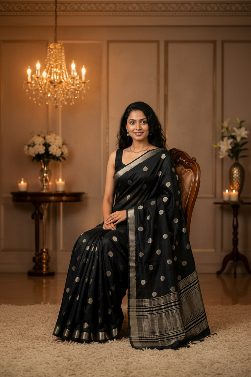 Black Raw Silk Saree with Rich Pallu & Elegant Tassels | Party Wear & Weekend Saree