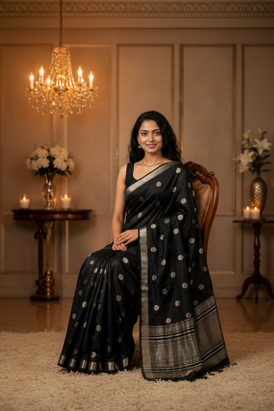 Black Raw Silk Saree with Rich Pallu & Elegant Tassels | Party Wear & Weekend Saree