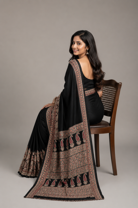 Noor Black Gajji Silk Saree – Timeless Paisley Elegance
