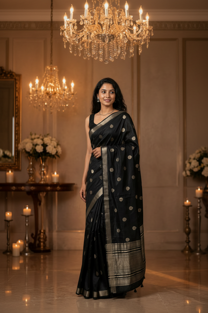 Black Raw Silk Saree with Rich Pallu & Elegant Tassels | Party Wear & Weekend Saree