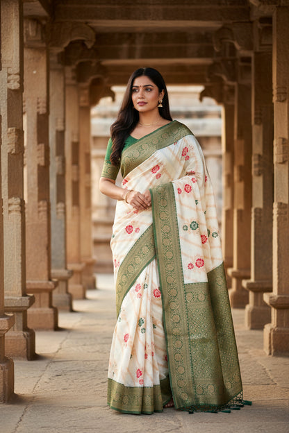 Traditional saree with a green border and floral patterns on a white background