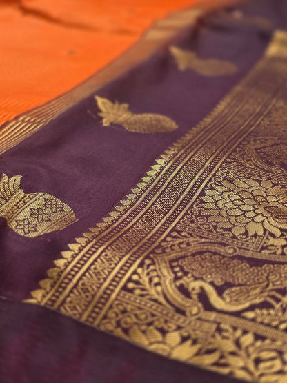 Autumn Glow Premium Semi Gadwal Saree – Rust Orange with Coffee Brown Contrast | Dee Silks