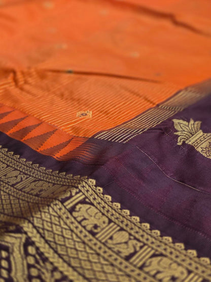 Autumn Glow Premium Semi Gadwal Saree – Rust Orange with Coffee Brown Contrast | Dee Silks