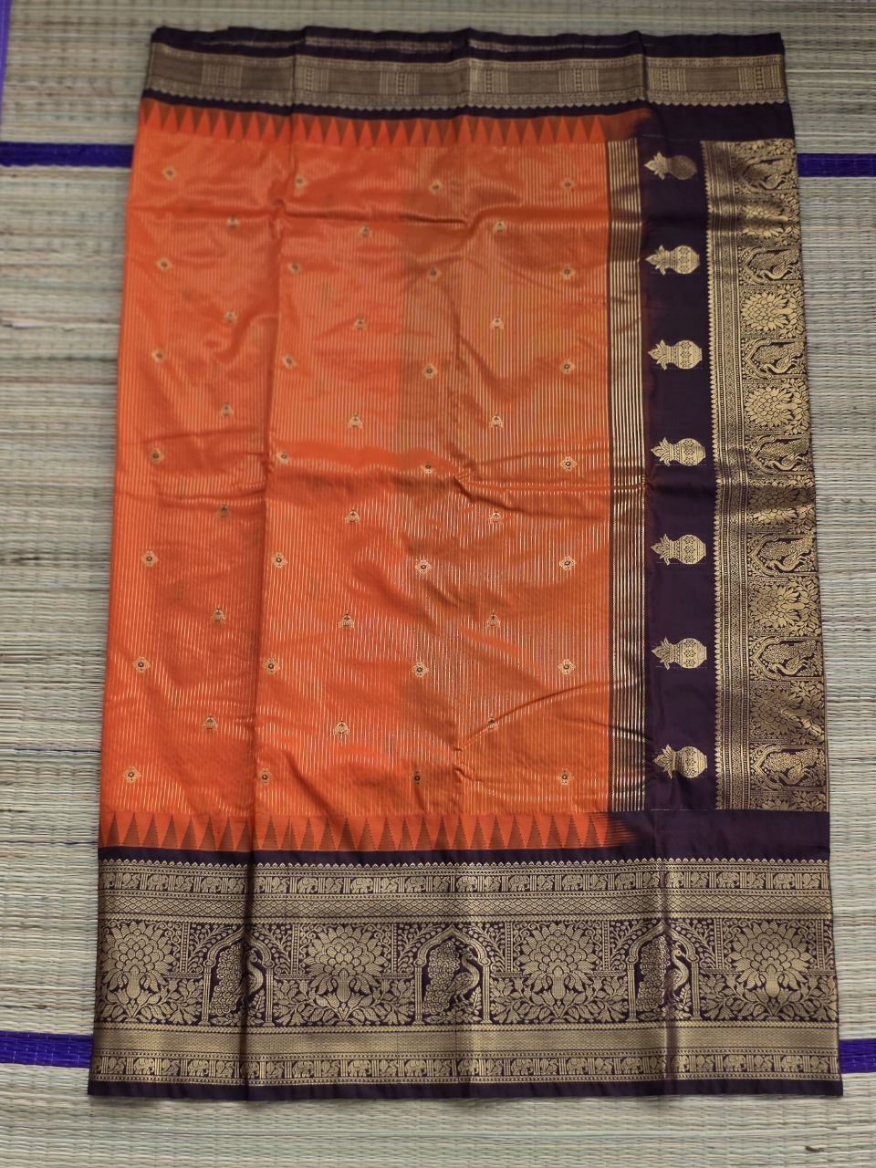 Autumn Glow Premium Semi Gadwal Saree – Rust Orange with Coffee Brown Contrast | Dee Silks