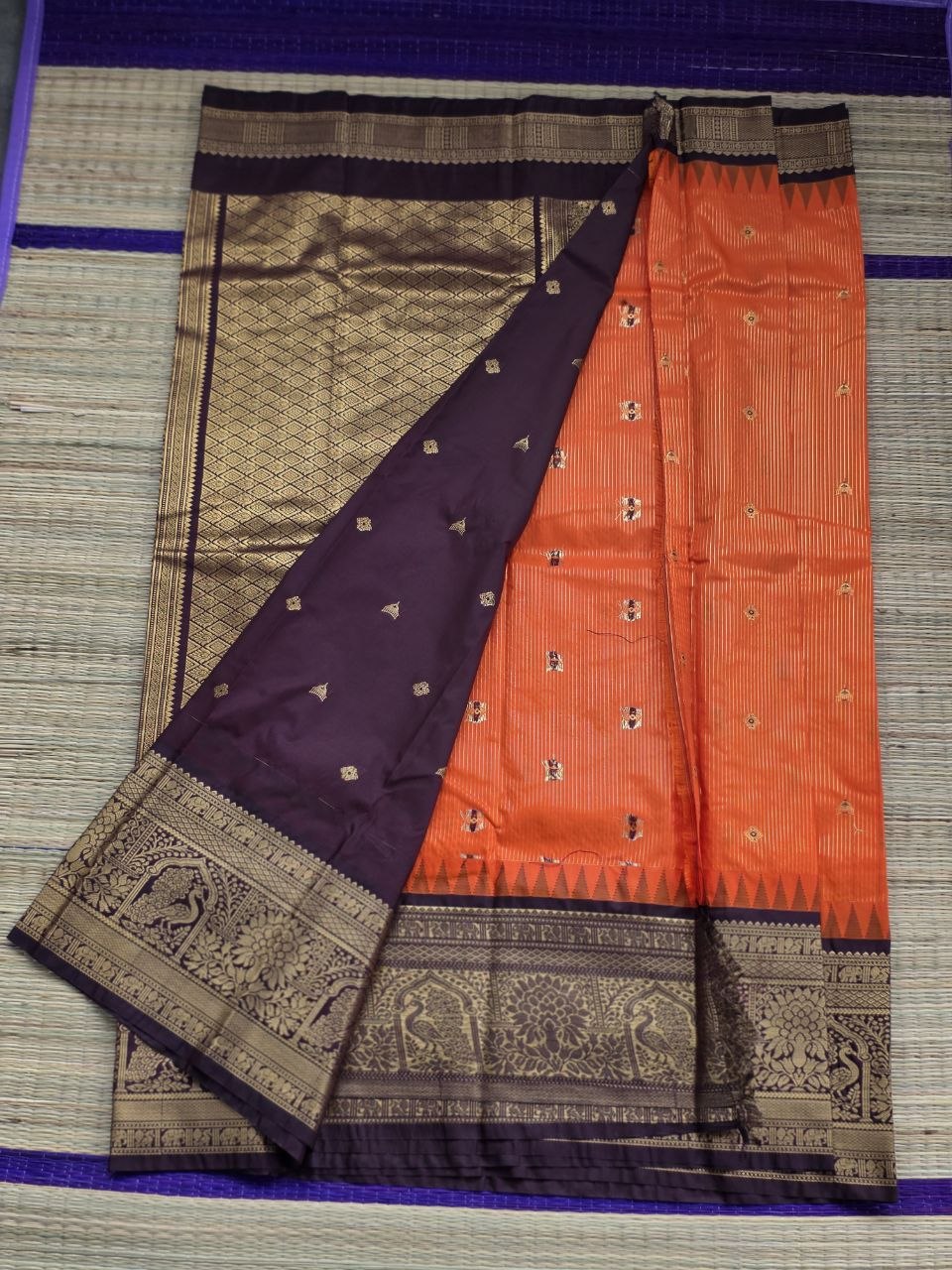 Autumn Glow Premium Semi Gadwal Saree – Rust Orange with Coffee Brown Contrast | Dee Silks