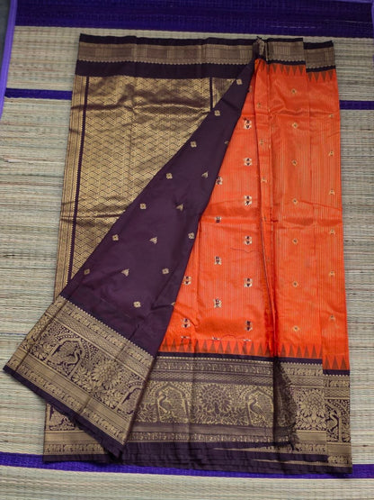 Autumn Glow Premium Semi Gadwal Saree – Rust Orange with Coffee Brown Contrast | Dee Silks