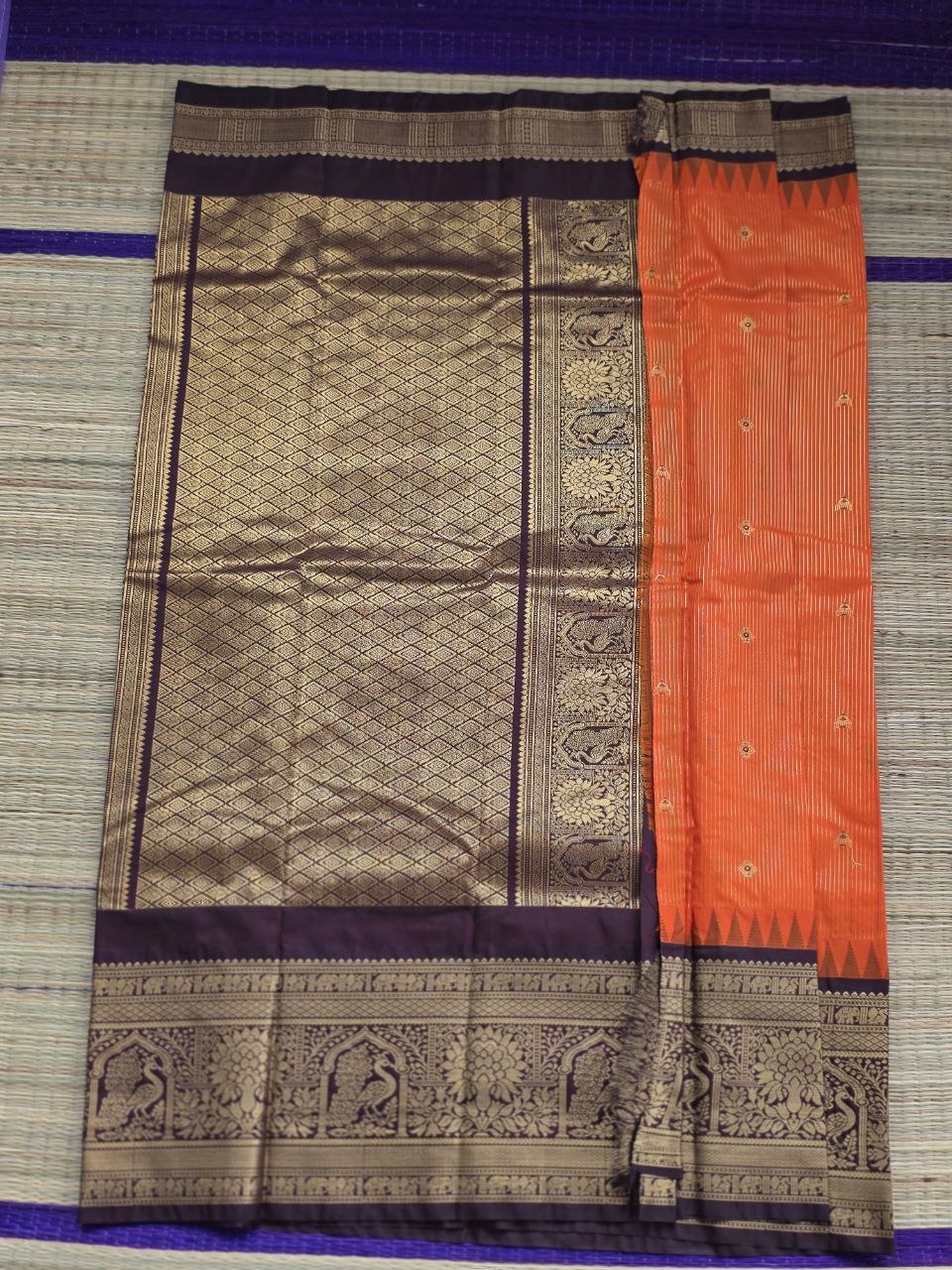 Autumn Glow Premium Semi Gadwal Saree – Rust Orange with Coffee Brown Contrast | Dee Silks