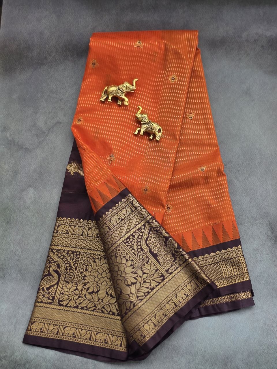 Autumn Glow Premium Semi Gadwal Saree – Rust Orange with Coffee Brown Contrast | Dee Silks