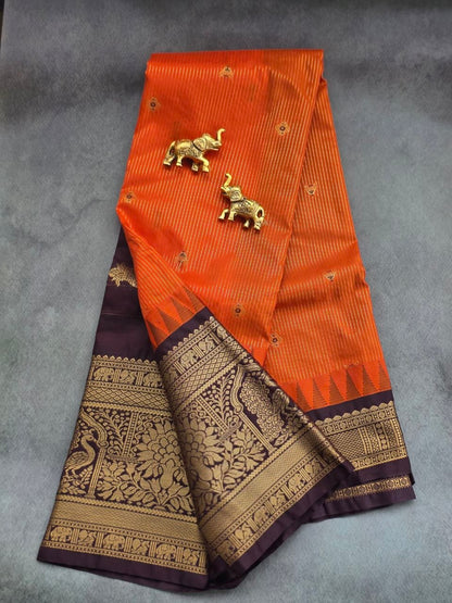 Autumn Glow Premium Semi Gadwal Saree – Rust Orange with Coffee Brown Contrast | Dee Silks
