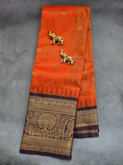 Autumn Glow Premium Semi Gadwal Saree – Rust Orange with Coffee Brown Contrast | Dee Silks