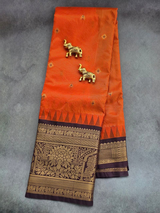 Autumn Glow Premium Semi Gadwal Saree – Rust Orange with Coffee Brown Contrast | Dee Silks