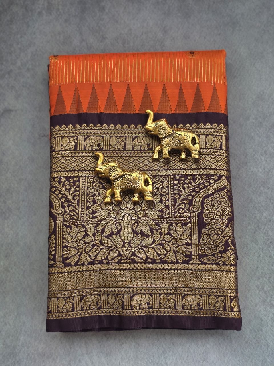 Autumn Glow Premium Semi Gadwal Saree – Rust Orange with Coffee Brown Contrast | Dee Silks