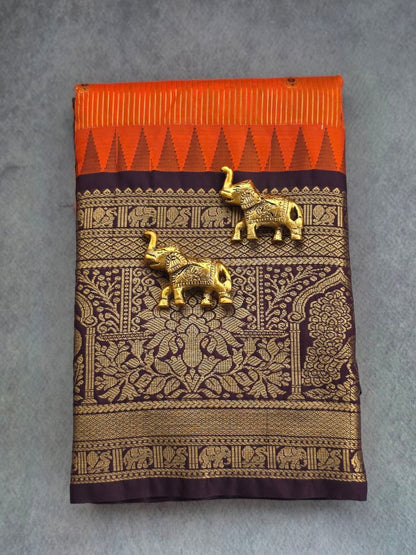Autumn Glow Premium Semi Gadwal Saree – Rust Orange with Coffee Brown Contrast | Dee Silks