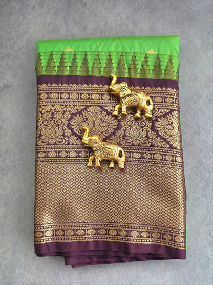 Emerald Grace Premium Semi Gadwal Saree – Parrot Green with Deep Brown Contrast | Dee Silks