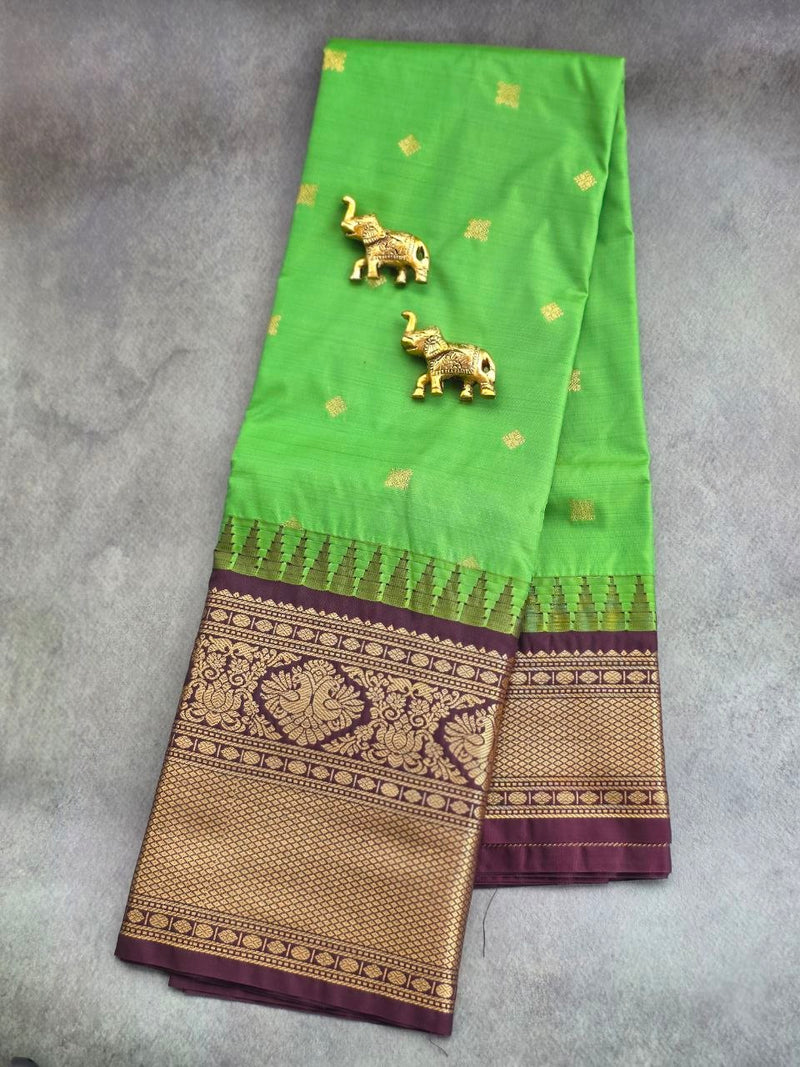 Emerald Grace Premium Semi Gadwal Saree – Parrot Green with Deep Brown Contrast | Dee Silks