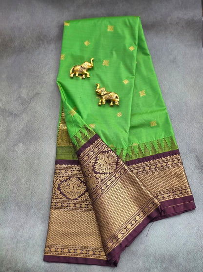 Emerald Grace Premium Semi Gadwal Saree – Parrot Green with Deep Brown Contrast | Dee Silks